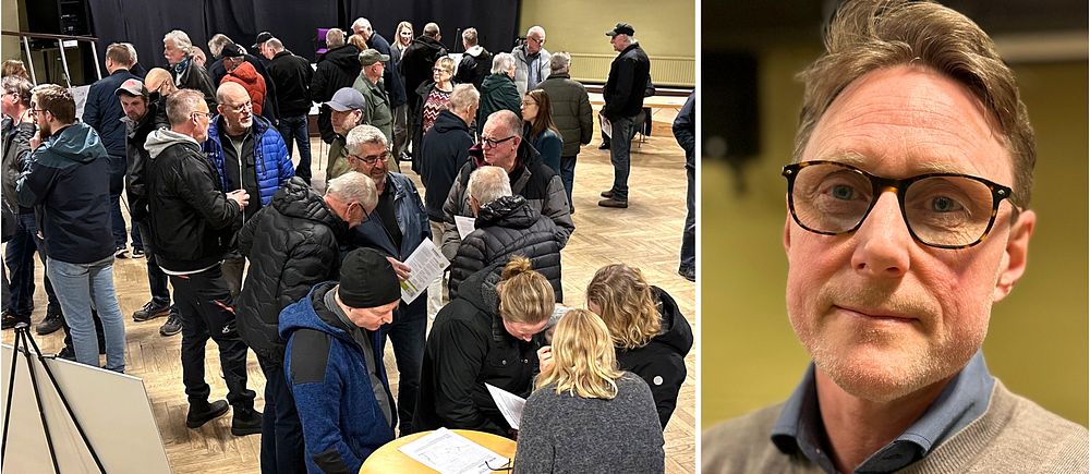 Delad bild. Till vänster: folk samlade runt bord. Till höger: man i grå tröja.