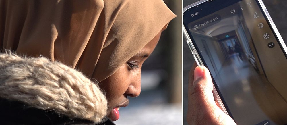 Tvådelad bild. Vänster: person i brun hijab. Höger: hand håller mobiltelefon med kameraapp aktiv.