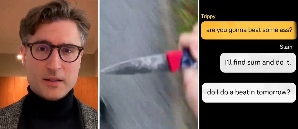 Fredrik Bergman, jurist, till vänster; i mitten: en hand som håller i en kniv; till höger: en chattkonversation.
