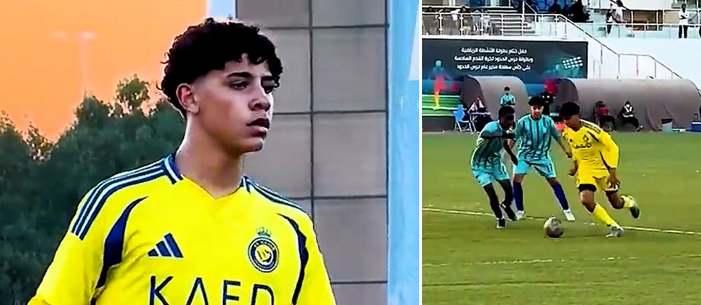Delad bild. Till vänster: fotbollsspelare i gul tröja. Till höger: spelare dribblar på plan.