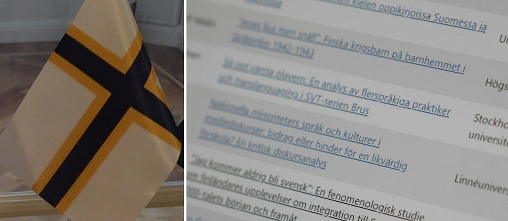 Kuva opinnäytetyögalleriasta ja ruotsinsuomalaisesta lipusta