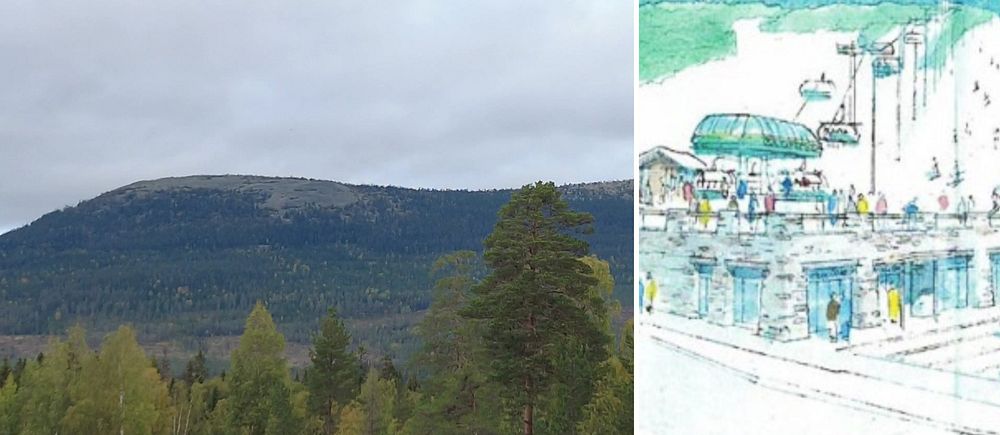 Tvådelad bild som visar det orörda Faxfjället till vänster och en illustration över hur en skidanläggning på platsen kan komma att se ut.