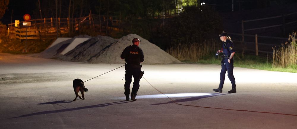 Polisinsats i Tyresö i Stockholm, polis söker av område med hund