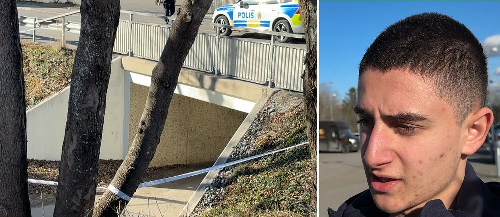 Tvådelad bild. Vänster: bro med polisbil ovanpå. Höger: oidentifierad person.