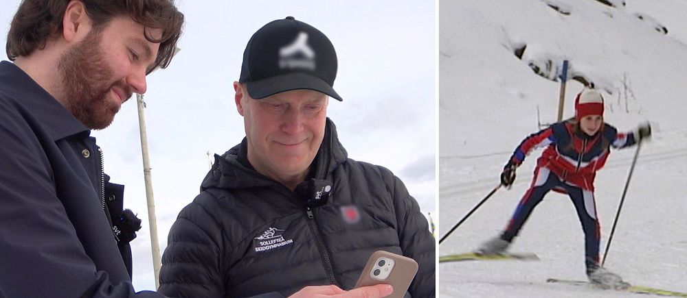 Tvådelad bild. Vänster: två personer ser på en mobil. Höger: skidåkare i röda kläder på snö.