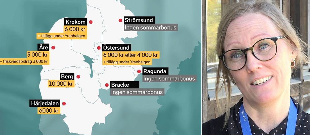 Karta med kommunernas sommarbonus och bild på chef för Resurscentrum i Berg Jessica Granqvist
