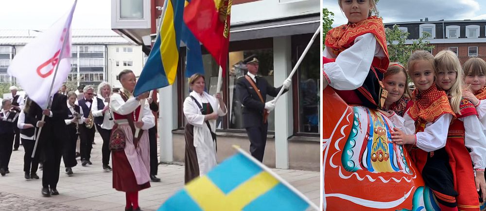 Delad bild – till höger en bild på en parad där människor klädda i folkdräkt går med stora flaggor i händerna. Till höger en bild på fem barn i folkdräkt som sitter på en stor dalahäst i betong.