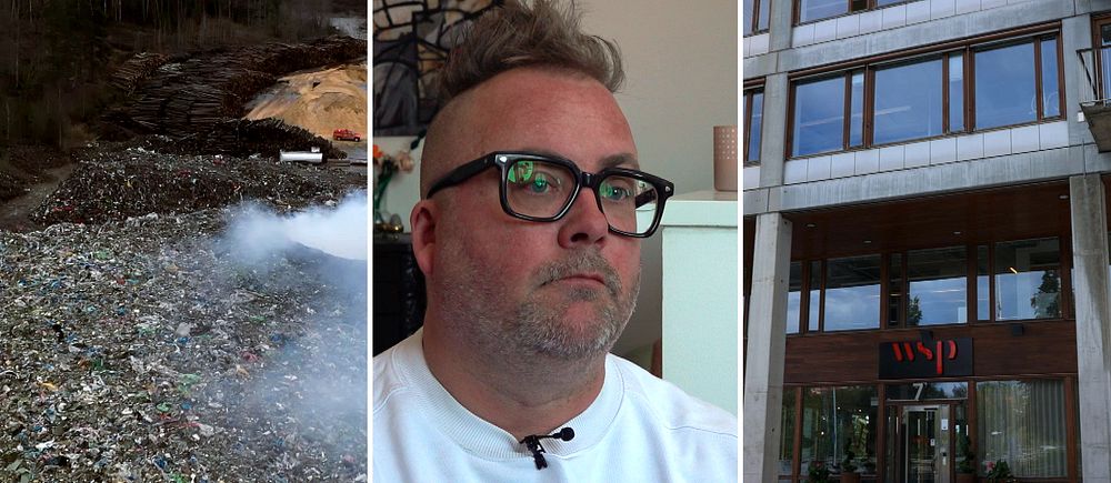 Tredelad bild. Till vänster: rök vid avfallshög i Botkyrka. I mitten: person i vit tröja. Till höger: entré till byggnad med WSP-skylt.