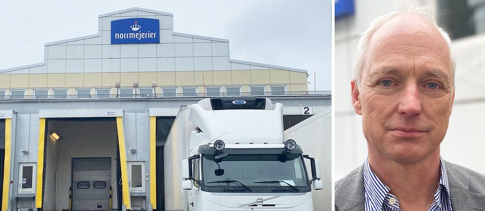 Bild utanför Norrmejeriers lastkaj i Luleå samt porträttbild Gerhard Bley, vd för Norrmejerier. på