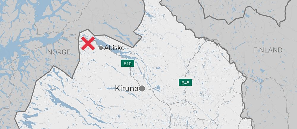 grafik-karta med Kiruna, Abisko, och olycksplatsen nära norska gränsen