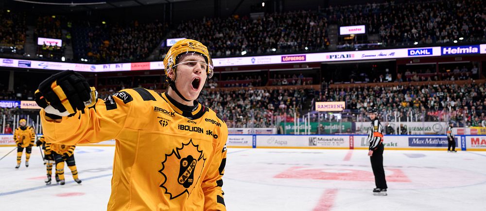 En spelare i gul tröja jublar efter ett mål