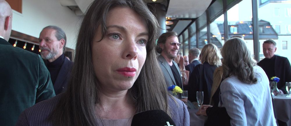 En person intervjuas med SVT-mikrofon i minglande folkmassa på event.