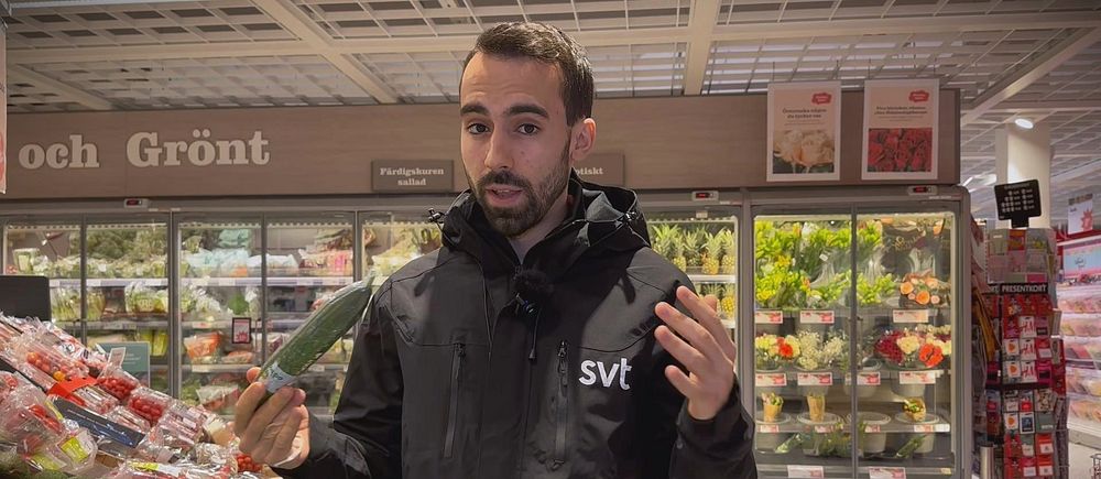 SVT:s reporter Alberto Lozano står i en matbutik med en plastinslagen gurka i handen