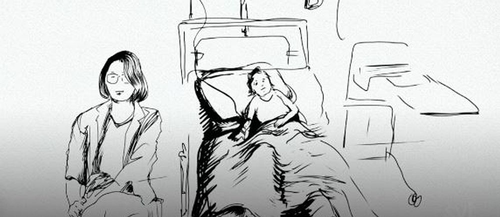 Tecknad mor och dotter på sjukhus