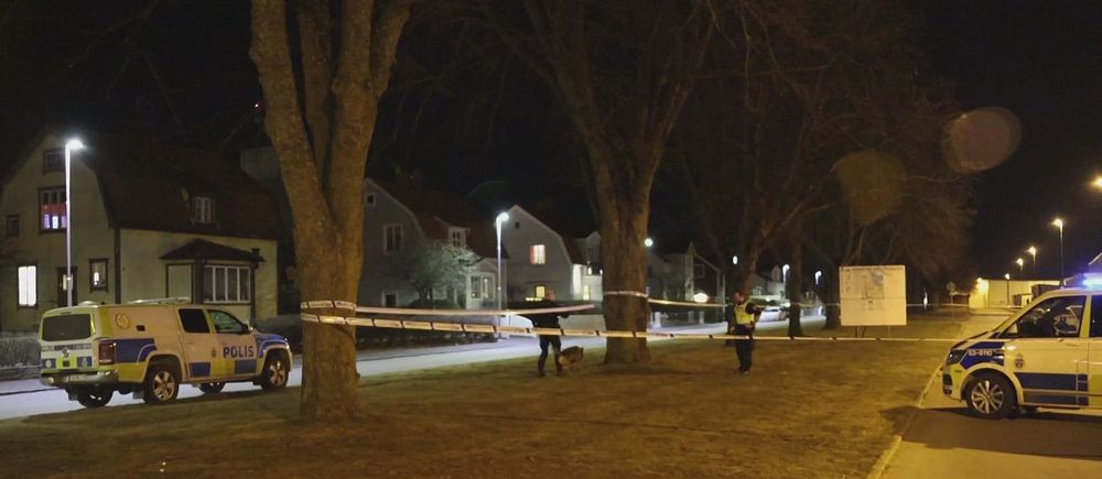 Polisfordon och blåljus syns längs en gata i Lidköping på natten. Poliser med en hund arbetar vid avspärrningar i en parkliknande miljö nära den plats där en man i 35-årsåldern hittats skjuten till döds. Bostadshus är synliga i bakgrunden, belysta av gatubelysning.