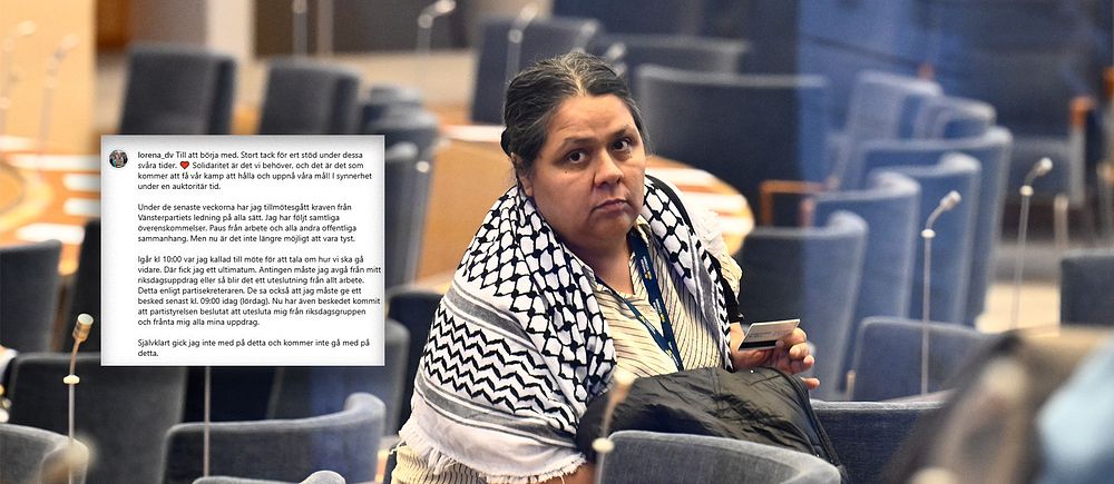 Person med palestinasjal i riksdagssal, utdrag ur textmeddelande synligt till vänster.