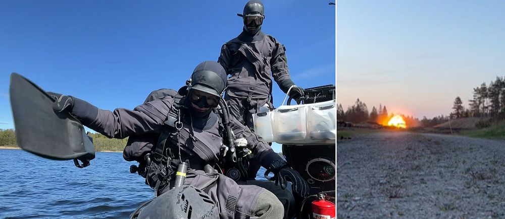 Delad bild. Till vänster: dykare stiger upp ur vattnet. Till höger: explosion på avstånd.