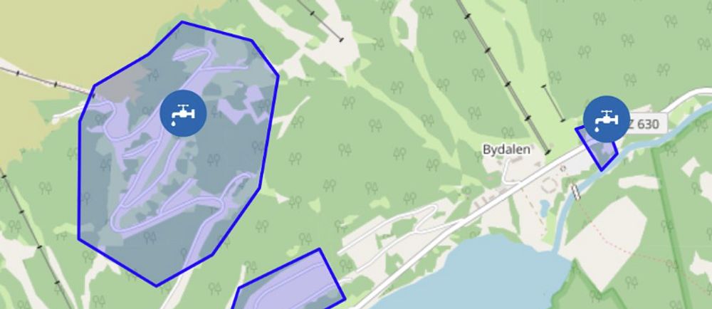 Karta över delarna i Bydalen som berörs av dricksvatten-restriktionerna.