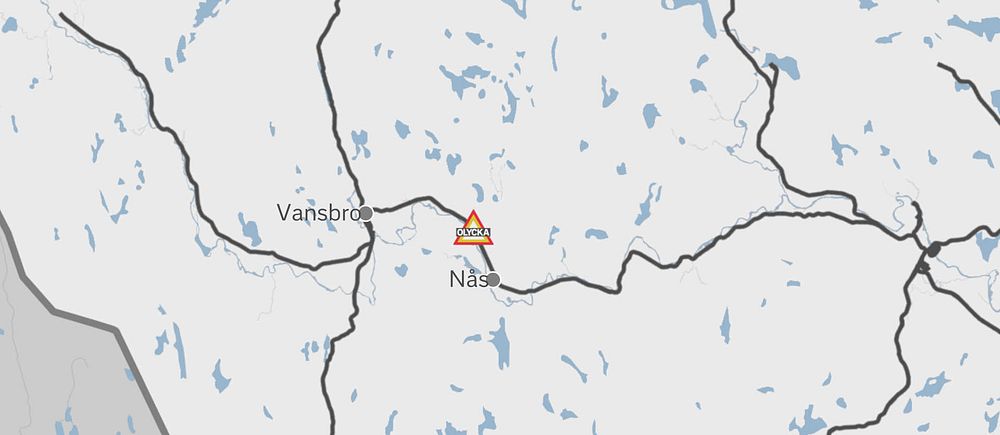 Karta över var lastbilen vält. Man ser orterna Vansbro och Nås, varpå olyckan inträffat mellan de orterna.