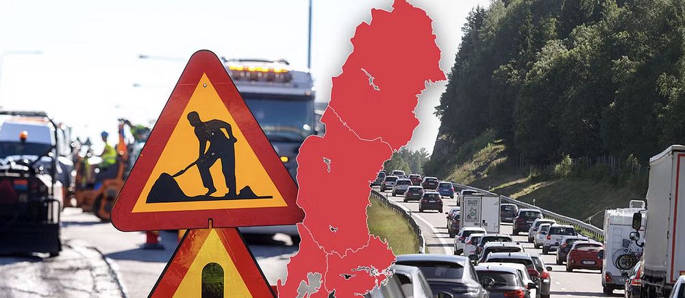 Karta över Sverige och skyltar som varnar för vägarbete