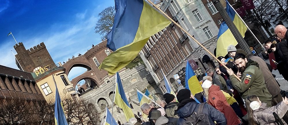 Demonstration i Helsingborg, flera ukrainska flaggor syns i bild