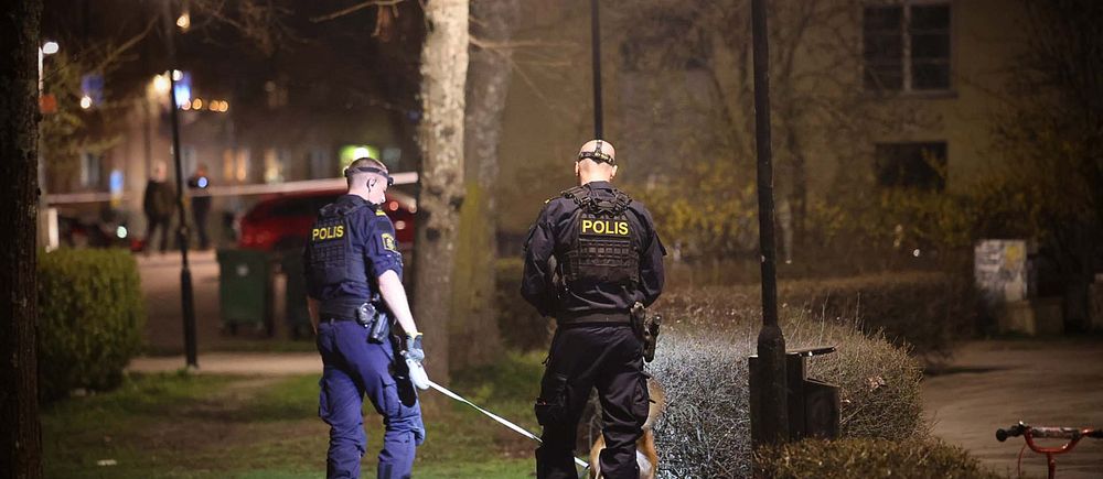 Två poliser och en sökhund på plats i Solna.