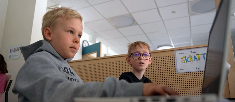 två pojkar i en mellanstadieklass arbetar vid en dator