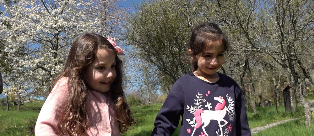 Två små flickor, en i rosa tröja och en i blå