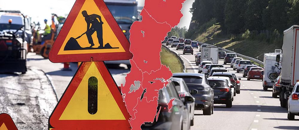 Karta över Sverige och skyltar som varnar för vägarbete