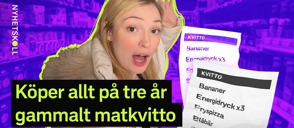 SVT Nyhetkolls reporter Tea Lange framför en matbutik. Bredvid henne står två gamla kvitton i olika färger.