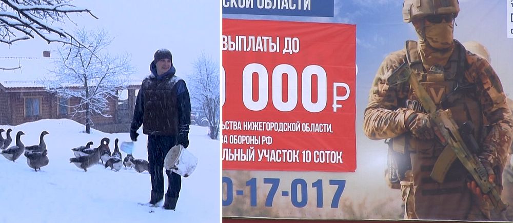Tvådelad bild. Vänster: Person går med gäss i snön. Höger: Reklam med soldat och siffran ”000”.
