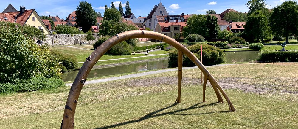 Konstverket lyssnandet i form av ett böjt träd, syns i amlmedalen.