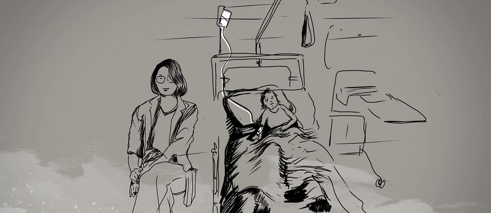 Illustration av mamma som sitter bredvid en sjukhussäng. I sängen ligger ett litet barn.
