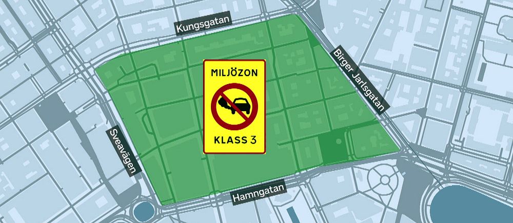 Karta över området i Stockholms innerstad, som kommer att ingå i  miljözonklass 3. Området ligger innanför Kungsgatan, Birger Jarlsgatan, Hamngatan och Sveavägen.