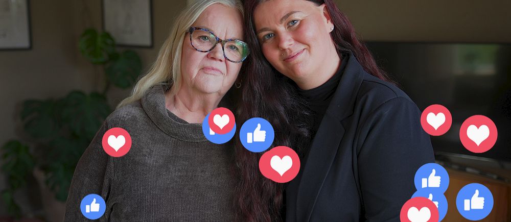 Två personer står nära varandra inomhus. Gilla- och hjärtsymboler svävar i förgrunden.