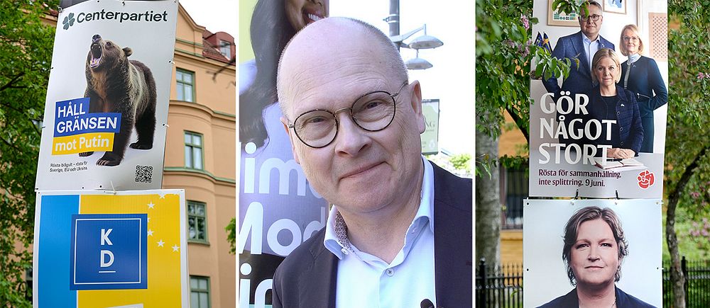Tredelad bild. Affischer från C och KD, i mitten en bild på SVT:s inrikespolitiska kommentator Mats Knutson och till höger Socialdemokraternas samt Liberalernas affischer.