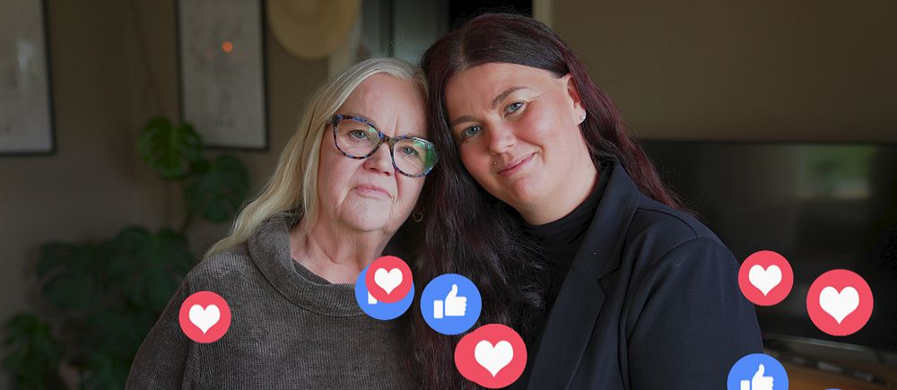 Två personer står nära varandra inomhus. Gilla- och hjärtsymboler svävar i förgrunden.