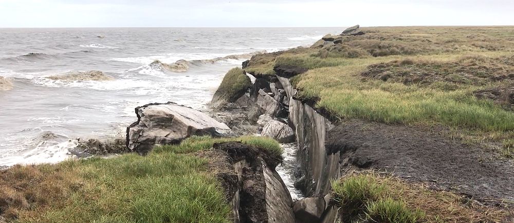 Bild på hav som möter gräsklippor och permafrost rasar ned i havet