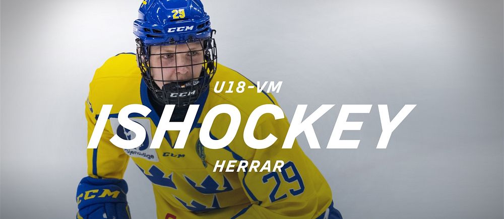 Ishockeyspelare i svensk landslagströja med text om U18-VM herrar och SVT.