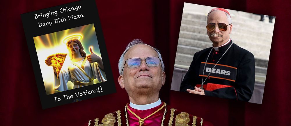 Kollage med påven Leo XIV och två av memesen som sprids på nätet: en poster som säger ”Brining Chicago Deep Dish Pizza To the Vatican” , samt en bild med påven i Chicago-tröja.