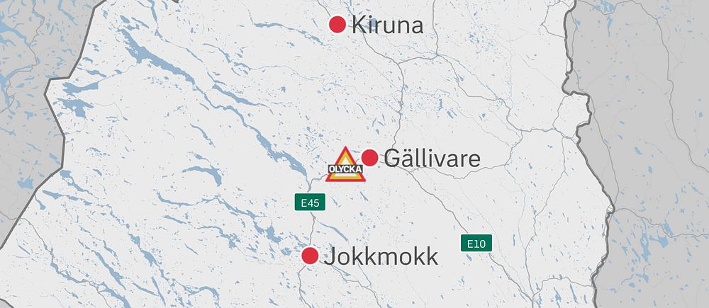 karta över norra Norrbotten med olycksplatsen markerad på E45 väster om Gällivare