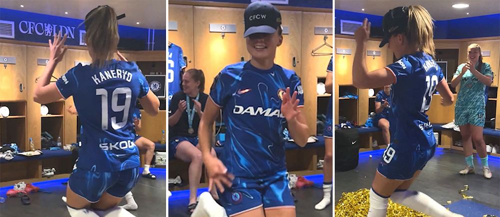 Tredelad bild. Fotbollsspelare dansar i omklädningsrum, guldkonfetti på golvet.