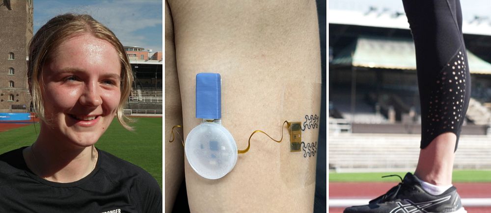 Löparen Emma testar ett armband som varnar för uttorkning under löpträning på bana.