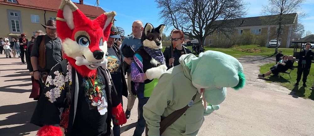 Personer klädda i färgglada djurdräkter promenerar utomhus i solsken.