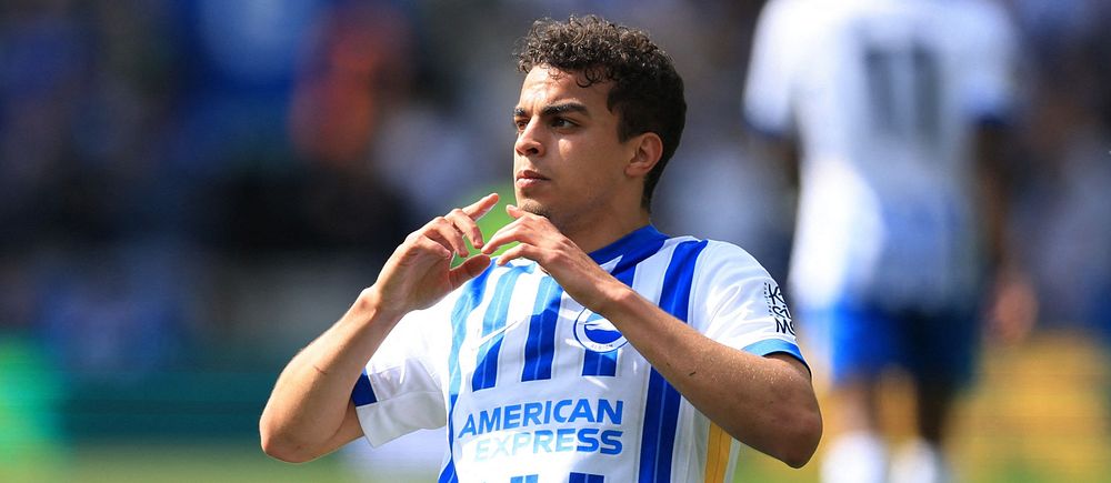 Fotbollsspelare på knä firar på planen under en match i Brighton & Hove Albions matchställ.