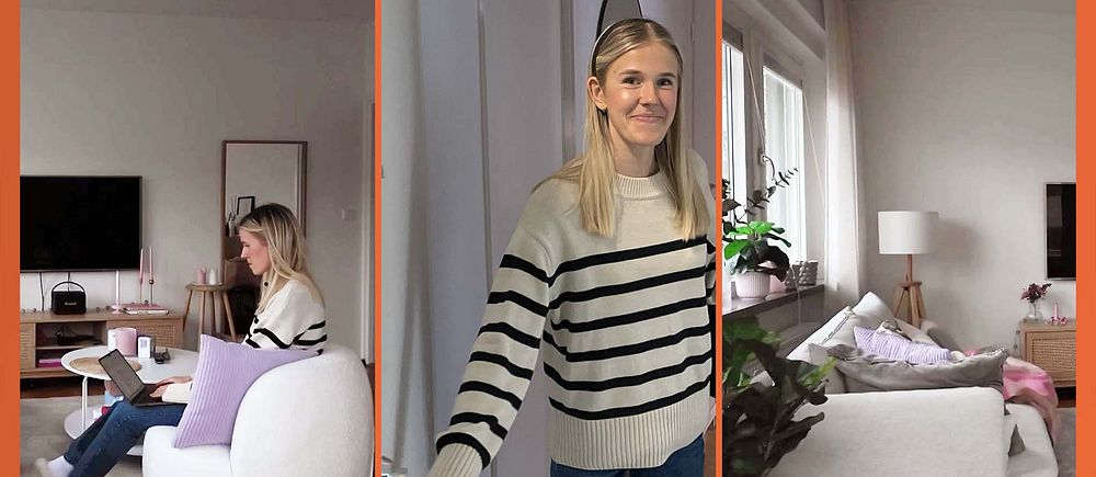 Tredelad bild. Vänster: kvinna i fåtölj. Mitten: person vid dörr. Höger: vardagsrum med soffa och växt.