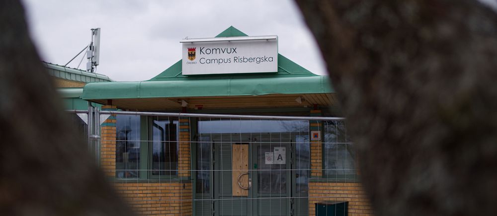 Ingång till Campus Risbergska, delvis skymd av trädstam.