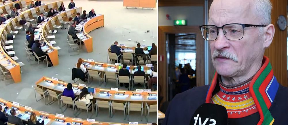 Delad bild. Till vänster: möte i plenisal. Till höger: person i samedräkt intervjuas av SVT.