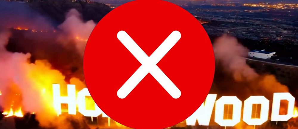 Stort rött kryss över bilder som är fejk enligt SVT Verifierar.