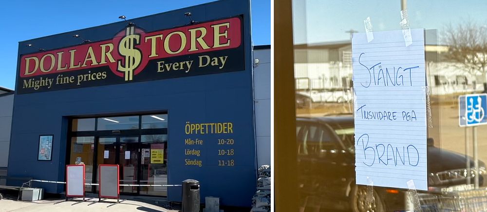 Tvådelad bild. Vänster: Dollarstore-entré. Höger: Lapp om tillfällig stängning på dörr.